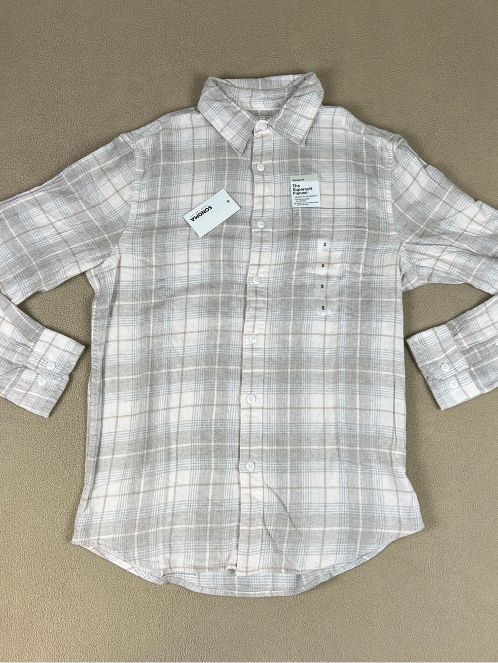 Sonoma The Supersoft Flannel Shirt. 100% Cotton, Beige. Men's Sz Small
